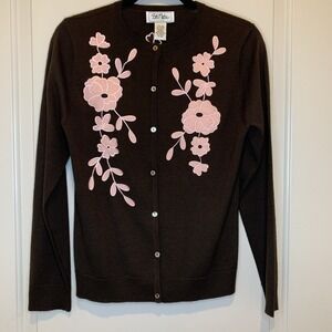 Bob Mackie Studio Brown With Pink Flower appliqué Women's Cardigan Med Vtg